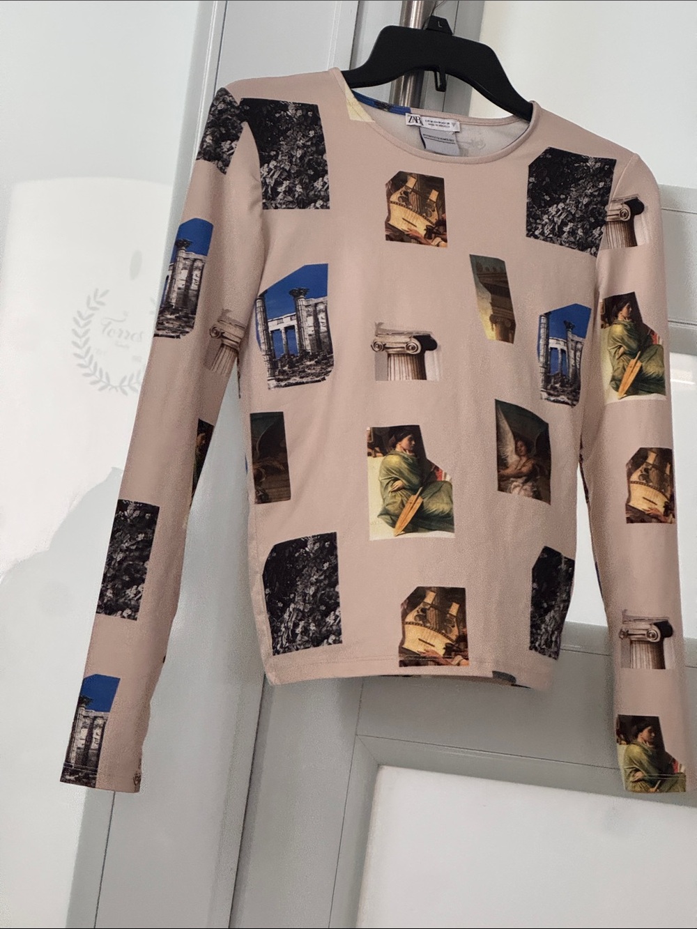 Zara Beige Collage-Print Long Sleeve Top with Blue Accents